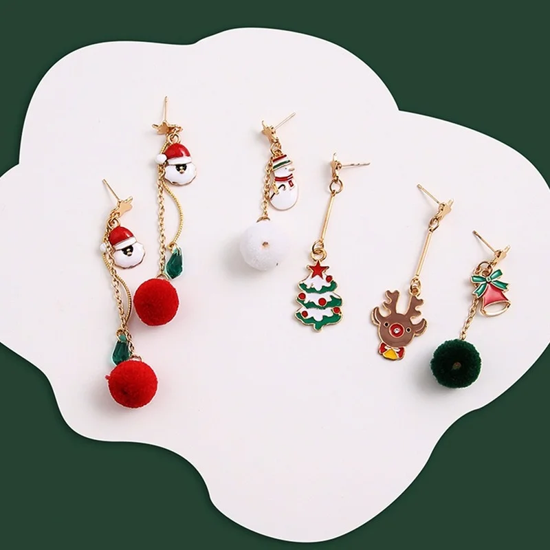 

Серьги для женщин, рождественские Мультяшные Асимметричные меховые шарики, снеговик, Рождественская елка, старинные колокольчики, снежинк...