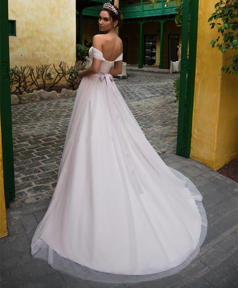 Elegant Off Shoulder Wedding Dresses White Tulle Sleeveless Bride Dress Sweep Train A Line Bridal Gowns Vestido de noiva | Свадьбы и