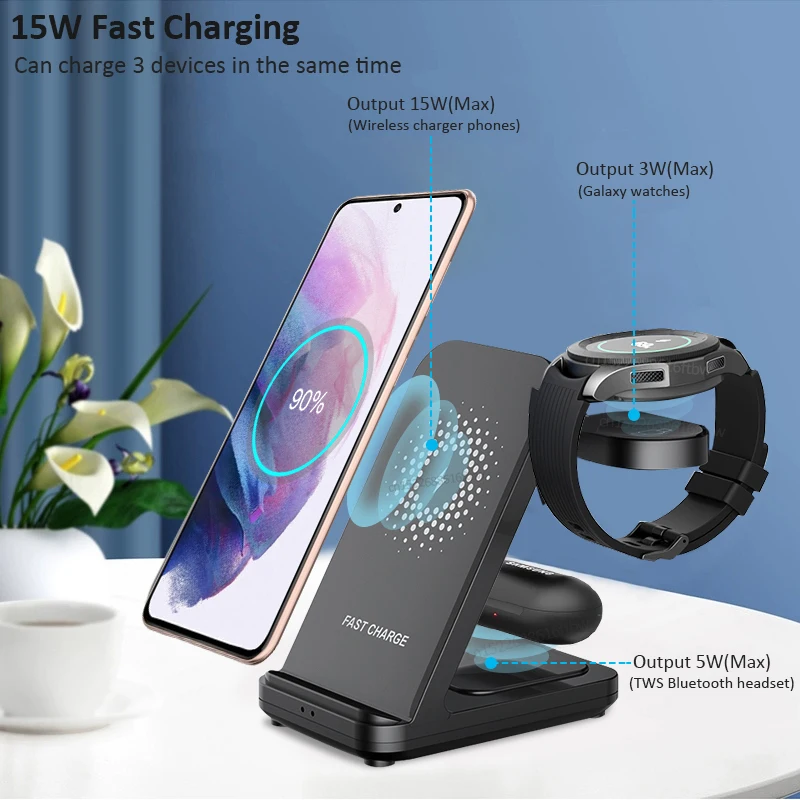 Soporte de cargador inal&aacute;mbrico 3 en 1 para Samsung Galaxy Watch 4 Active 2/1, estaci&oacute;n de carga r&aacute;pida de 15W para Samsung S21/S20-2