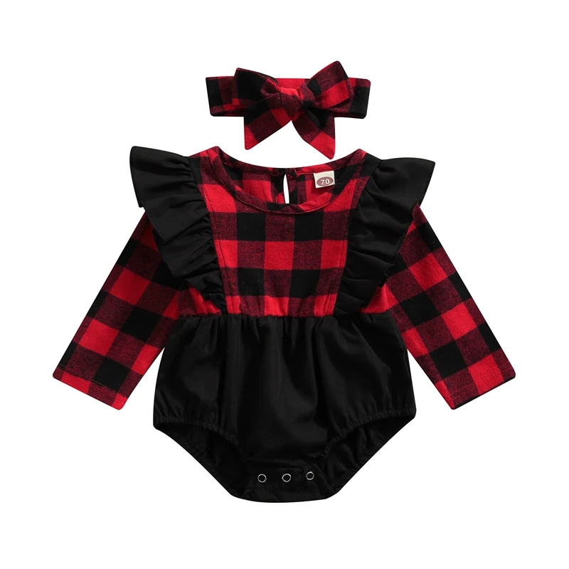 

Детский комбинезон в клетку с оборками и длинным рукавом, 0-18 мес.