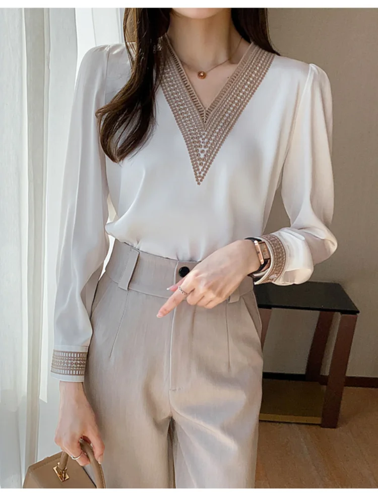 

Women's Blouses Chiffon Casual Silk Korean Loose Plus Size Fashion V-neck Summer Lady Shirts Long Sleeve Top Houthion