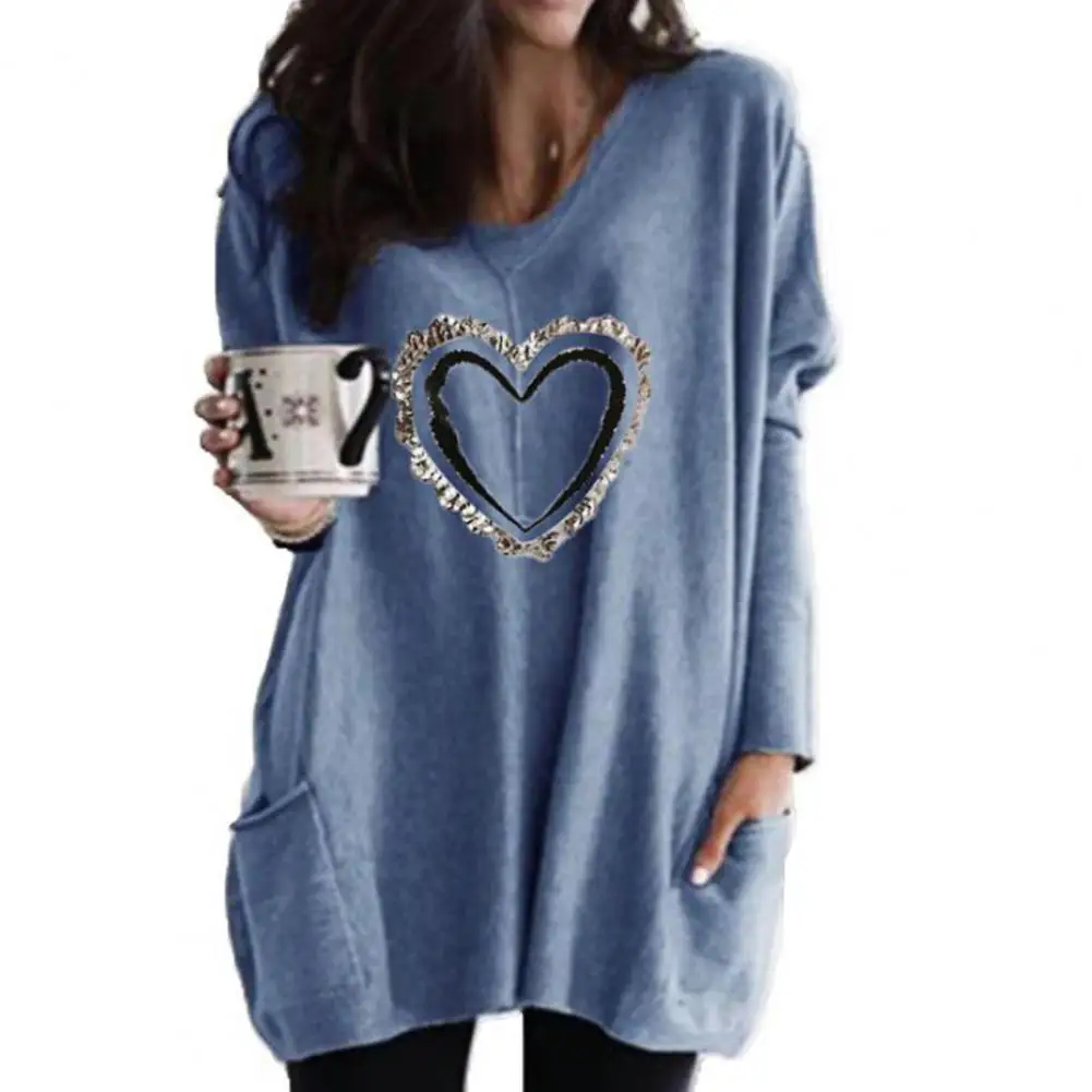 

2021 Women Blouse Heart Print Long Sleeves Shirt Solid Color Loose Casual Blouses Shirt Base Top