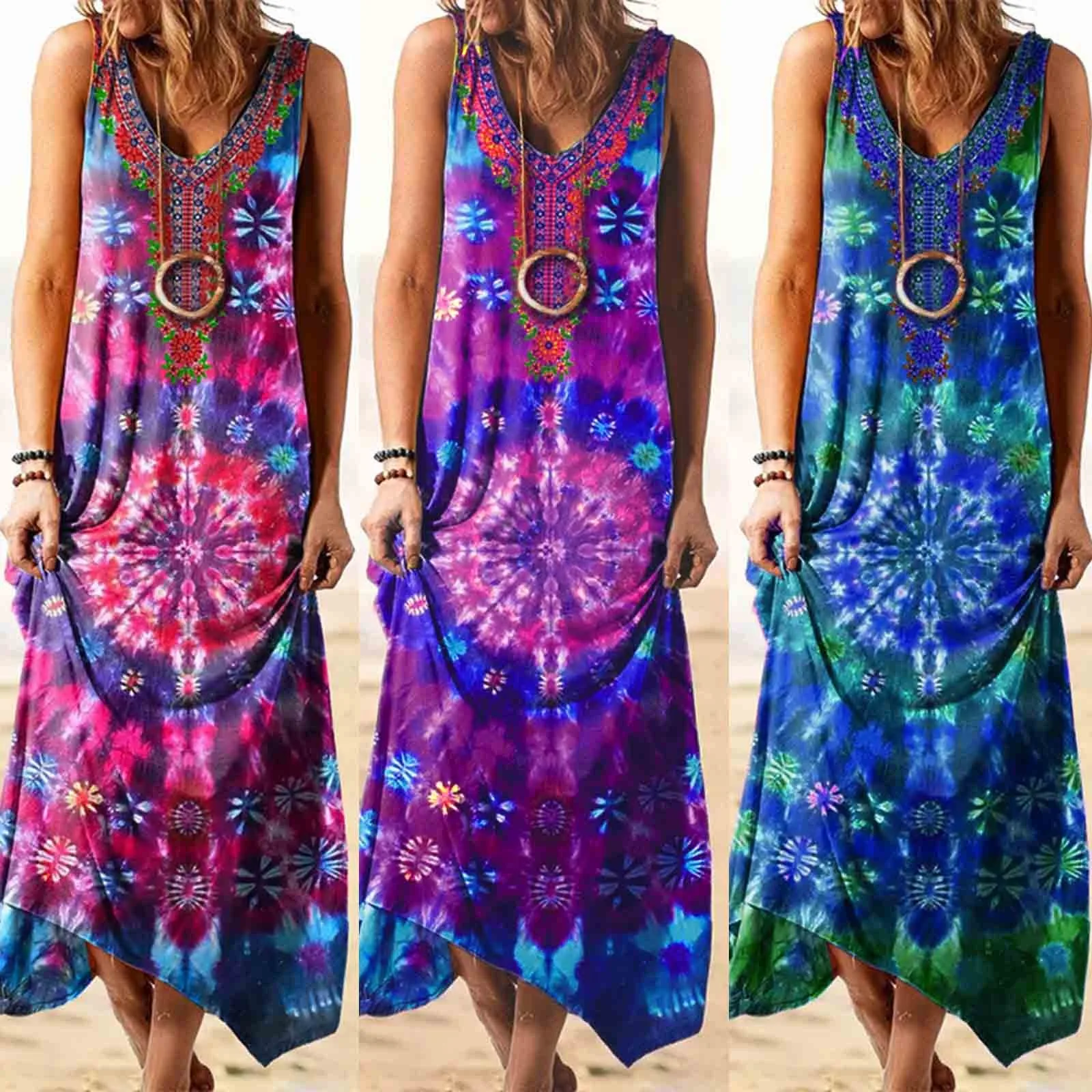 

Women's Casual Print Multicolor Loose Long Fashion Vest Dress Summer Vintage Print Bohemian Beach Dress 2021 New Female Skirts