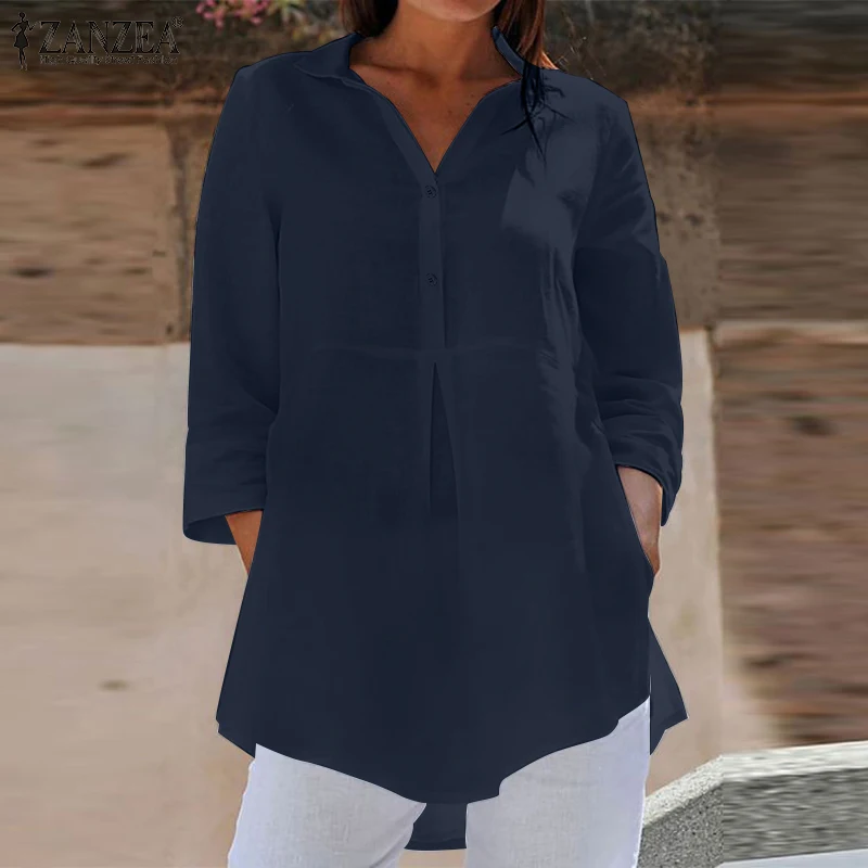 

ZANZEA Summer Solid Blouse Women Elegant Lapel Neck 3/4 Sleeve Shirt Femininas Work Blusas Chemise Casual Loose Long Tops Tunic