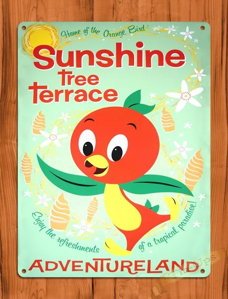 

TIN SIGN "Sunshine Tree Terrace" Vintage Art Poster Orange Bird
