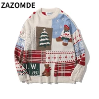zazomde 2021 winter warm pullover christmas round neck knit sweater couple pullover hip hop casual oversized patchwork sweater