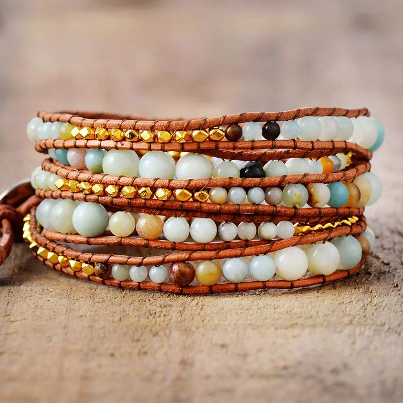 Изысканный градиентный цветок Амазонит золотые бусины 5 нитей плетеный кожаный