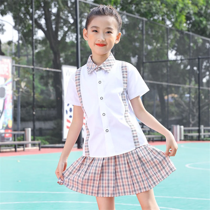 

Summer Teenagers School Uniforms Girls Plaid Skirt Performance Costumes Boy Japanese Style Clothing Suit 2pcs Kids Class Korean