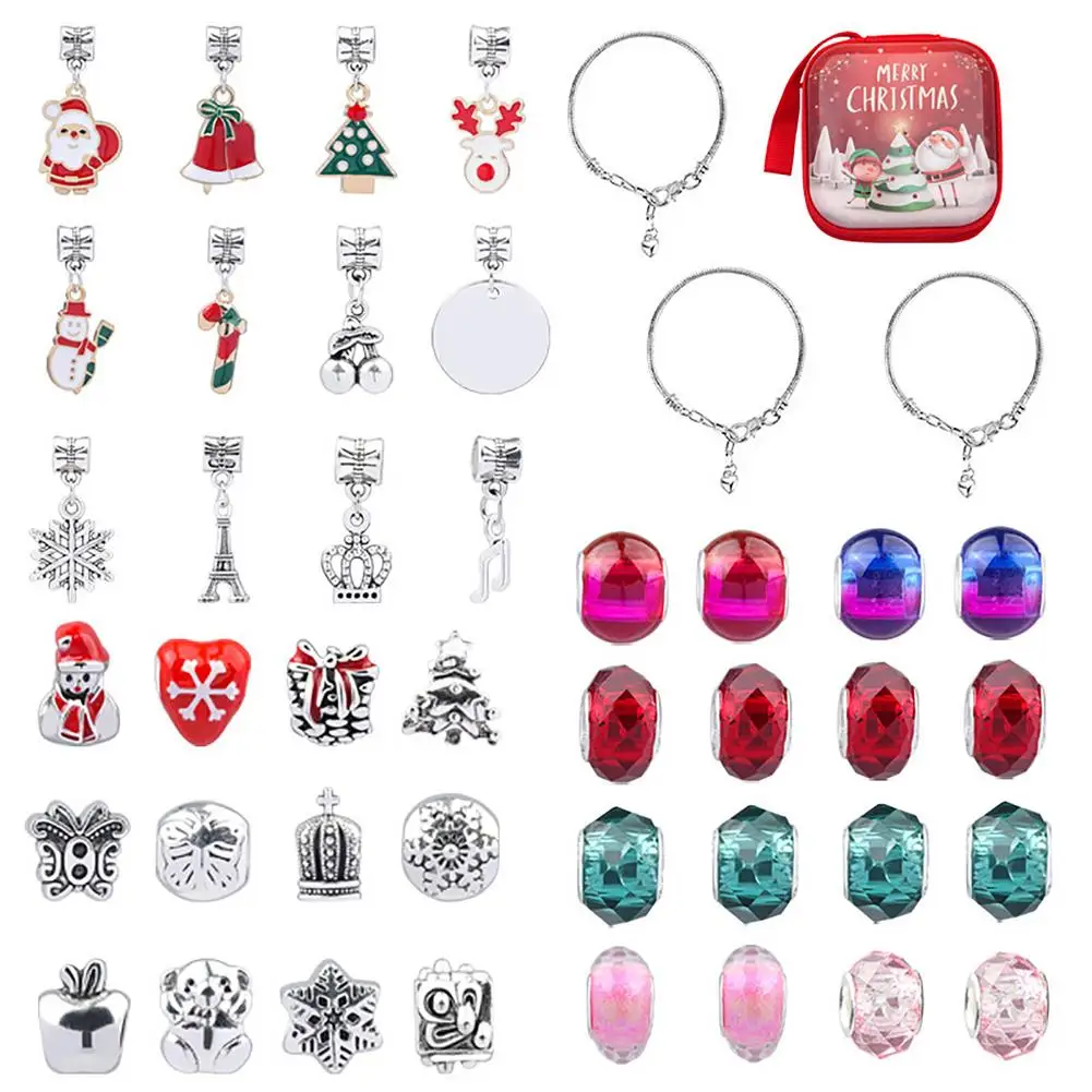 

Christmas Advent Calendar Pendant DIY Charm Bracelet Christmas Snowman Elk Snowflake Ornament Colorful Crystal Bracelet For Girl