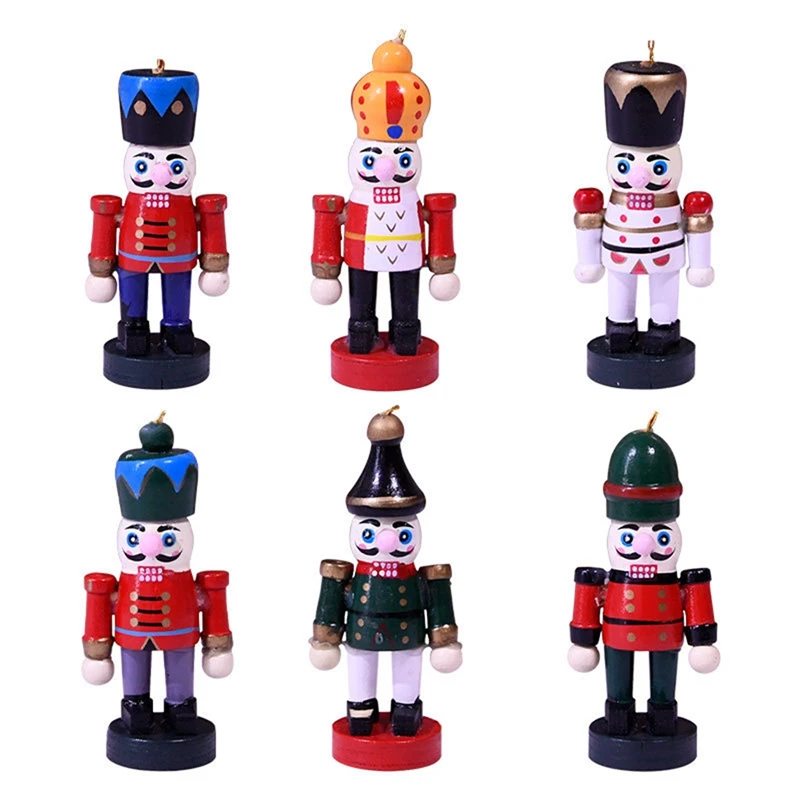 

6 Pcs/Set 7cm Wooden Nutcracker Soldier Doll Nutcracker Christmas Tree Pendant for Family Christmas Tree Decorations