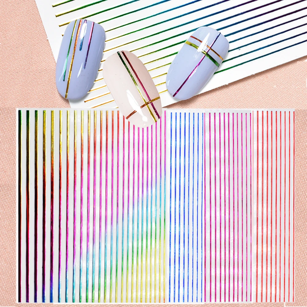 1 шт 3D наклейки для ногтей Полосатое платье радужных цветов линии из фольги s клей
