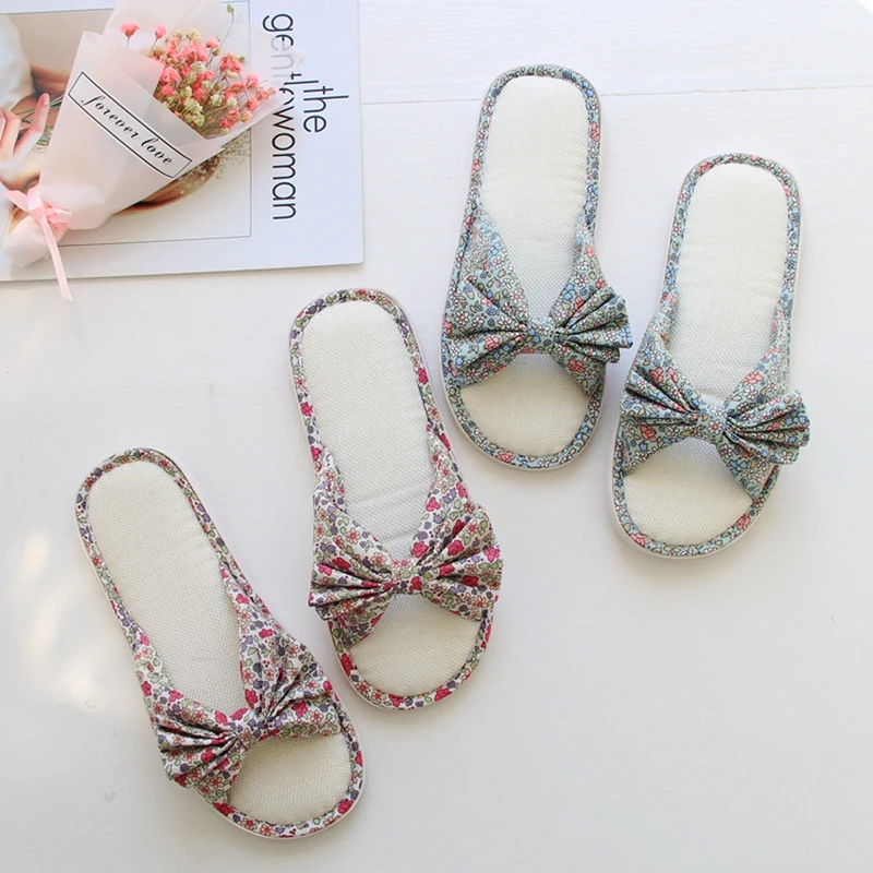 

Summer Beach Bowknot Broken Linen Leisure Forest Women's Indoor and Outdoor Antiskid Rubber Slippers