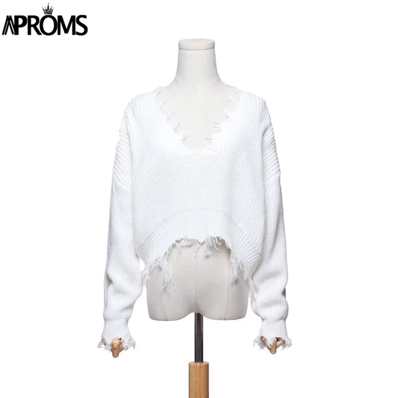 Aproms Tassel Deep V Knitted Pullover Female Autumn Winter White Long Sleeve Knit Crochet Sweaters Women Cropped Jumper Pull Top | Женская