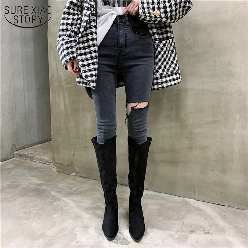 

Korean Style Pants for Women New High Waist Jeans Washed Gray Single Leg Cut Slimming Burr Feet Jeans for Women 2021 10414