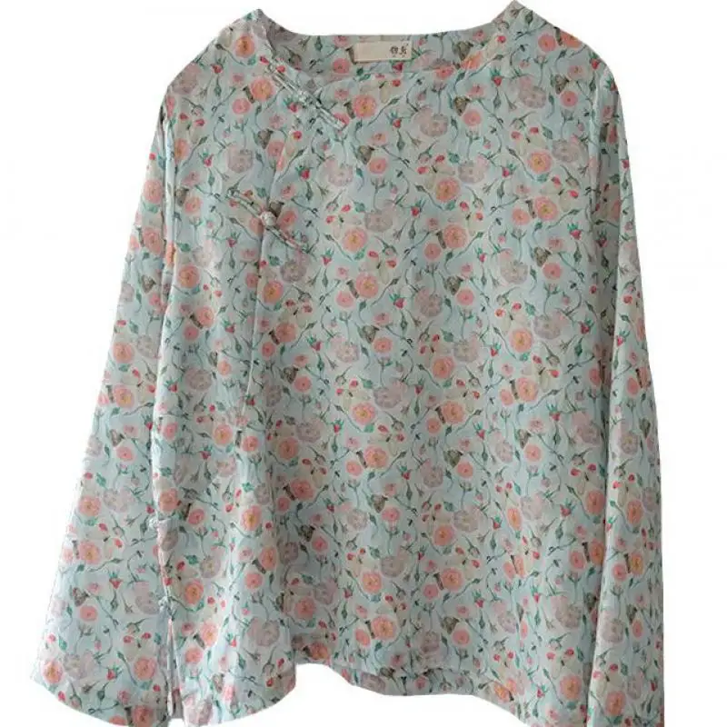 Винтажные Топы рукав девять-четвёртых с круглым вырезом и принтом на пуговицах