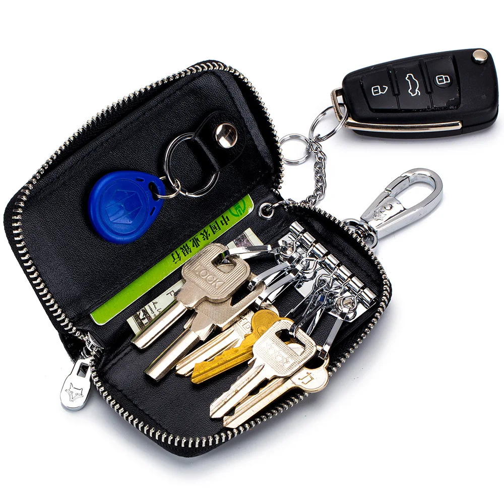 Brand Cowhide Key Card Holder High Quality Genuine Leather Crocodile Pattern Key Case Zipper 6 Key Rings Organizer Car Key Bag