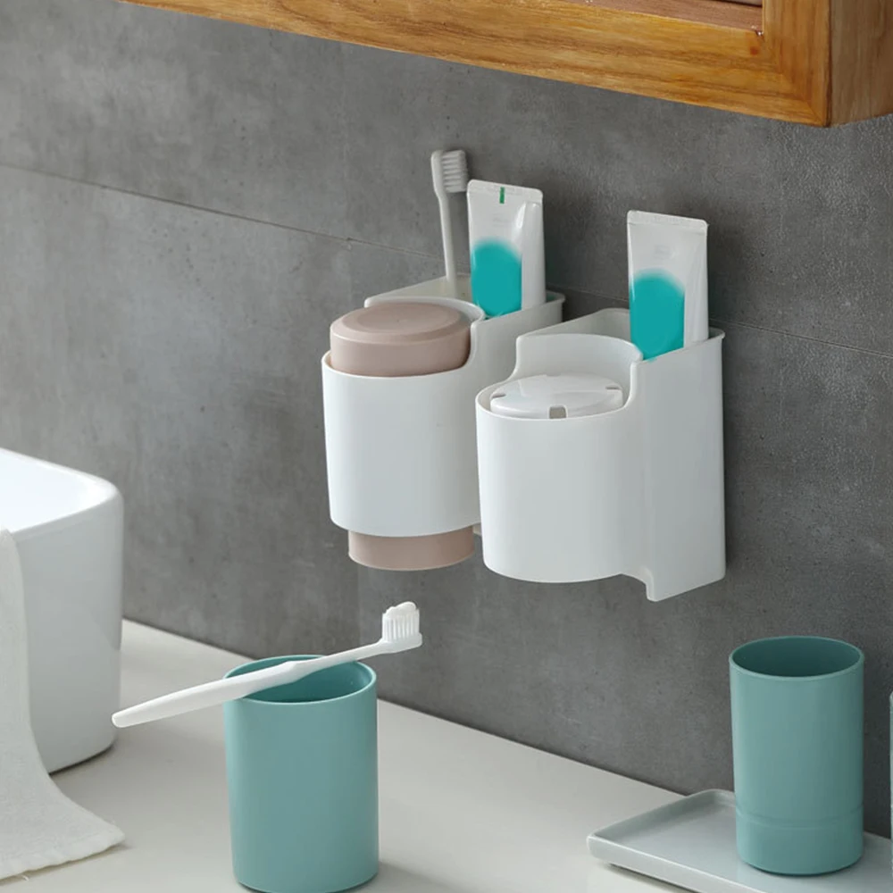 

Toothbrush Holder Wall Mounted Punch Free Toothpaste Mouthwash Cup Storage Rack With Double Cup Bathroom Accessory