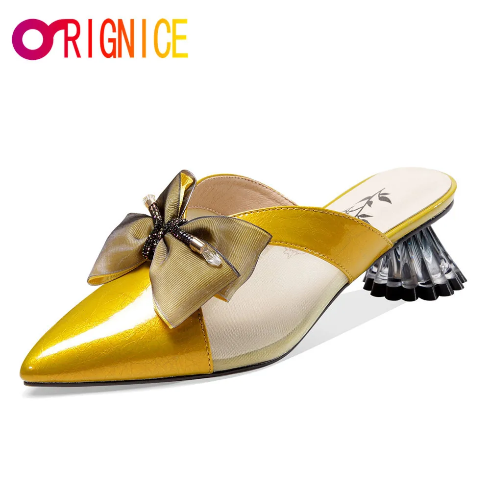 

Orignice Sweet Butterfly Knot Women Med Heel Mules Genuine Leather Pointed Toe Newest Famale Wedding Party Outdoor Slipper