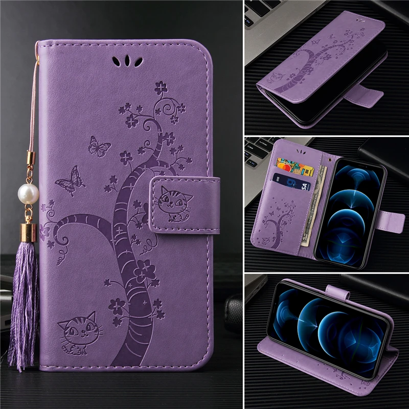 

For iPhone 11 12 Pro Max XR X XS Max 8 7 6 6S Plus 5 5S SE 2020 Luxury Embossed Cat And Tree PU Leather Wallet Flip Case Cover
