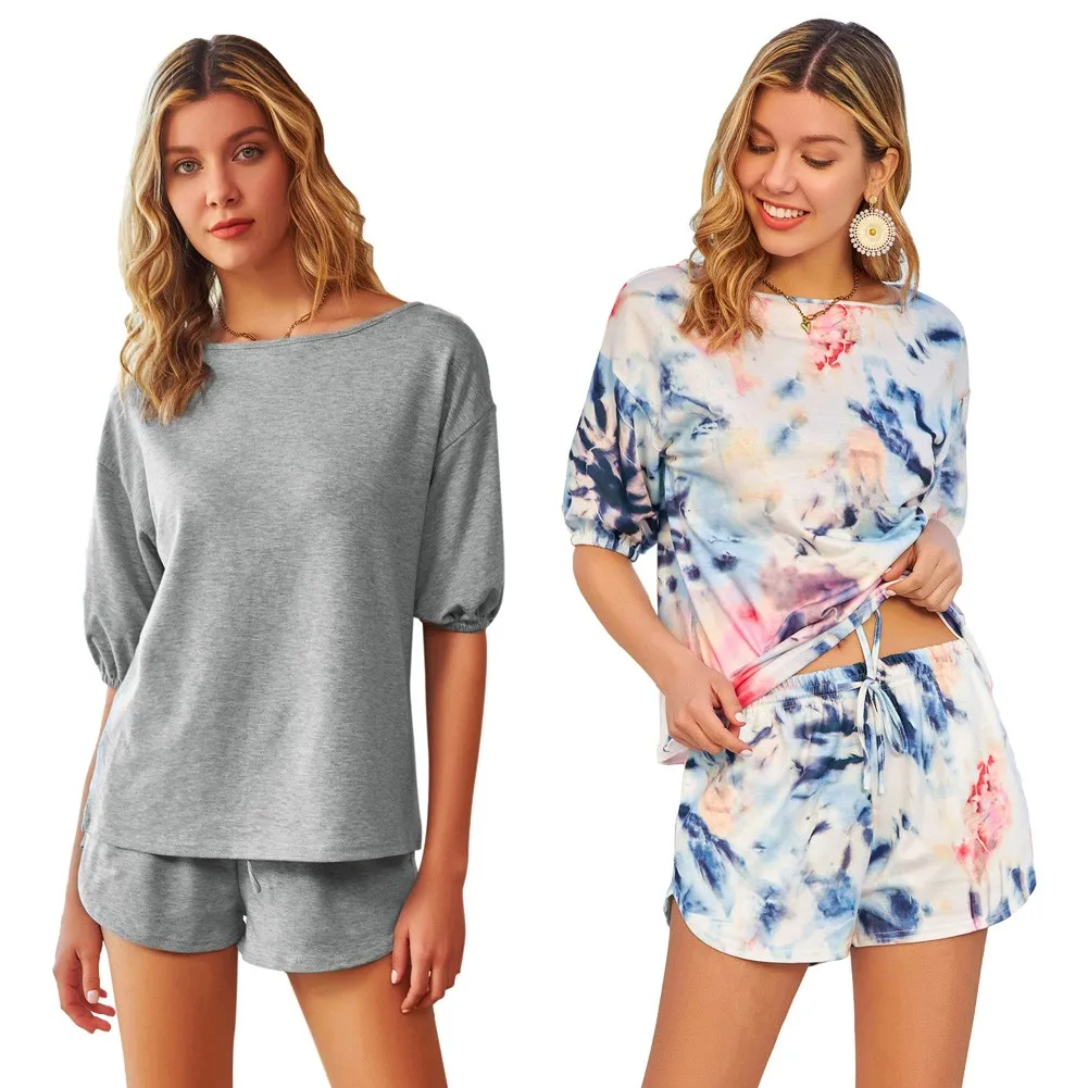 

GK Summer 2021 New Women Casual Short Sleeve Boat Neck Tops+Drawstring Waist Shorts Ladies Pajamas Suit Women's Home Service