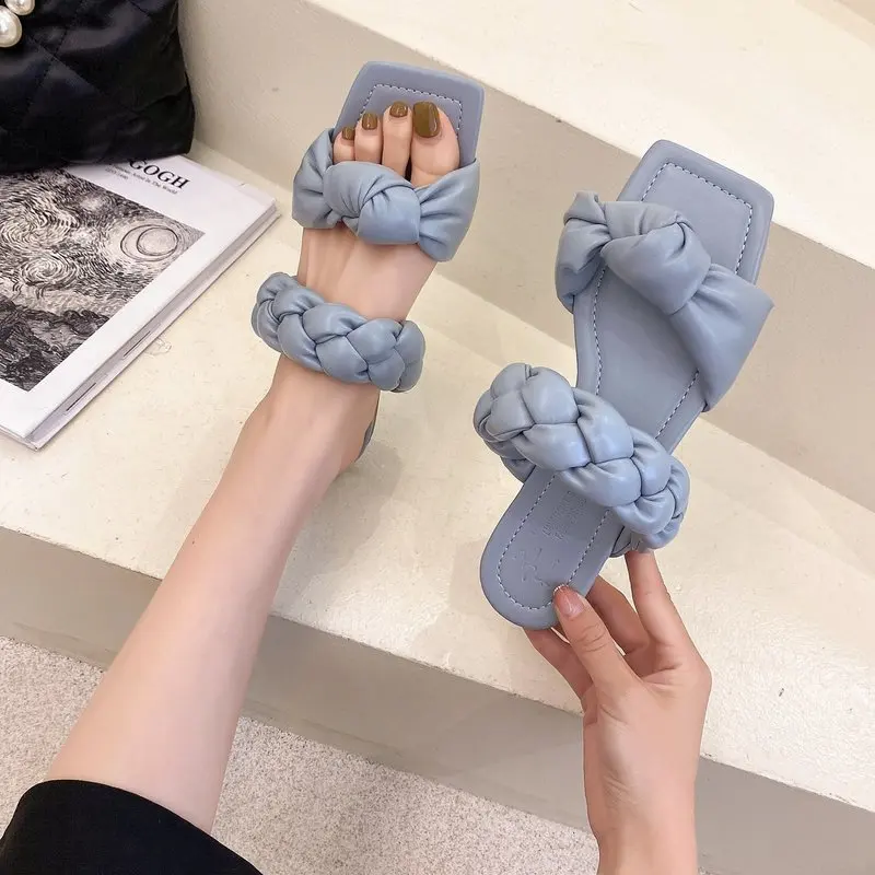 

Female Shoes Womens Slippers Outdoor Low Luxury Slides Square Toe 2021 Designer Rubber Flat PU Rome Shoes Rubber Slippers Square