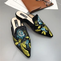 new muller fashion women slippers silk embroidery pointed toe flat womens shoes half slippers female summer sandals