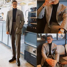 2 peças cinza pinstripe ternos masculinos trajes hommes feito sob encomenda único breasted magro caber blazer formatura festa calças terno conjuntos (3)