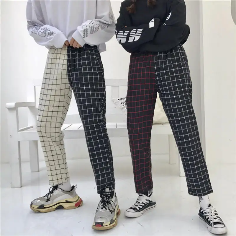 

Vintage Plaid Patchwork Pants Harajuku Woman Man Trousers Elastics High Waist Pants Korean Causal Straight Checkerboard