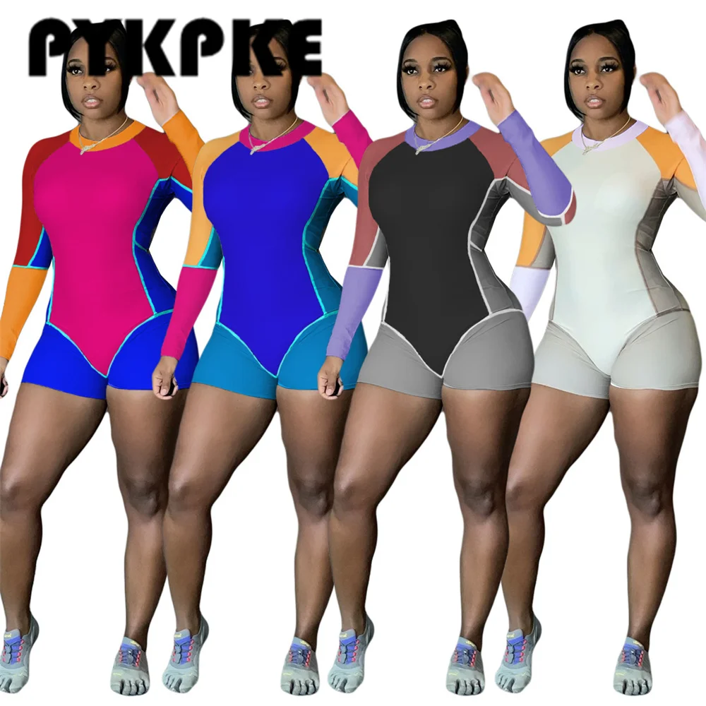 

Women Solid Patchwork Long Sleeve Bodycon Sport Jumpsuit Fall Casual One Piece Overalls Playsuit