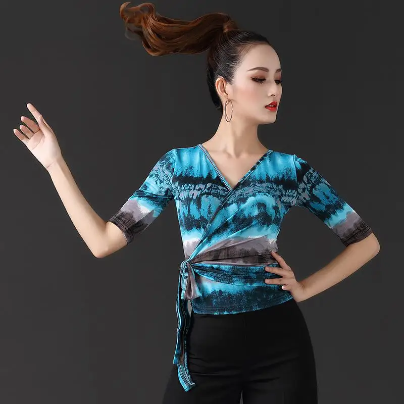 

New Printing Latin Shirt Women Costume Top Sexy Ballroom Modern Salsa Tango Latin Training Shirts Female Dancewear Tops Adult