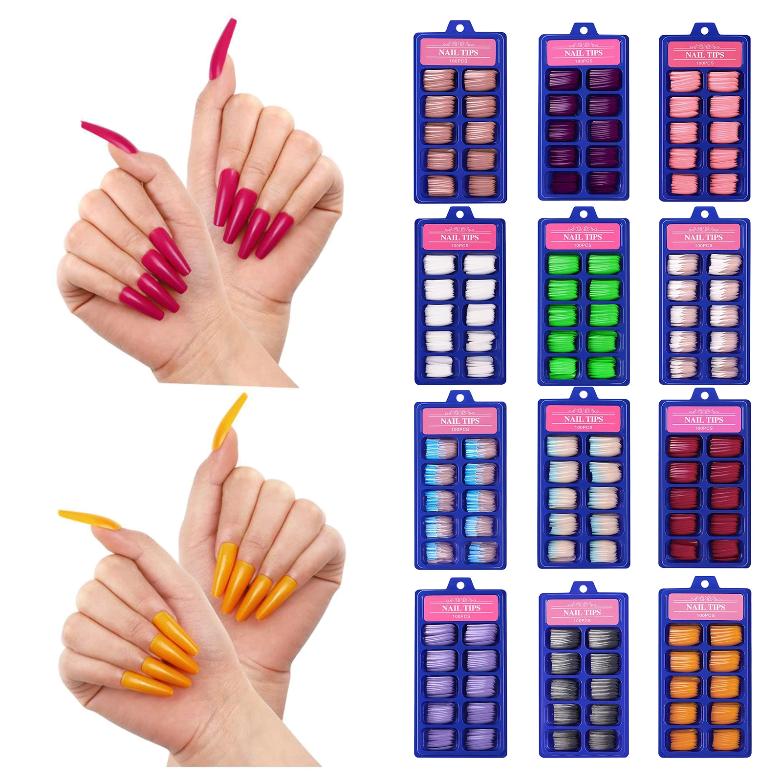 

100Pcs Fake Nails Ballerina Artificial Nail Art Tips Press On Coffin With Glue Stick Display Full Cover Artificial Designs