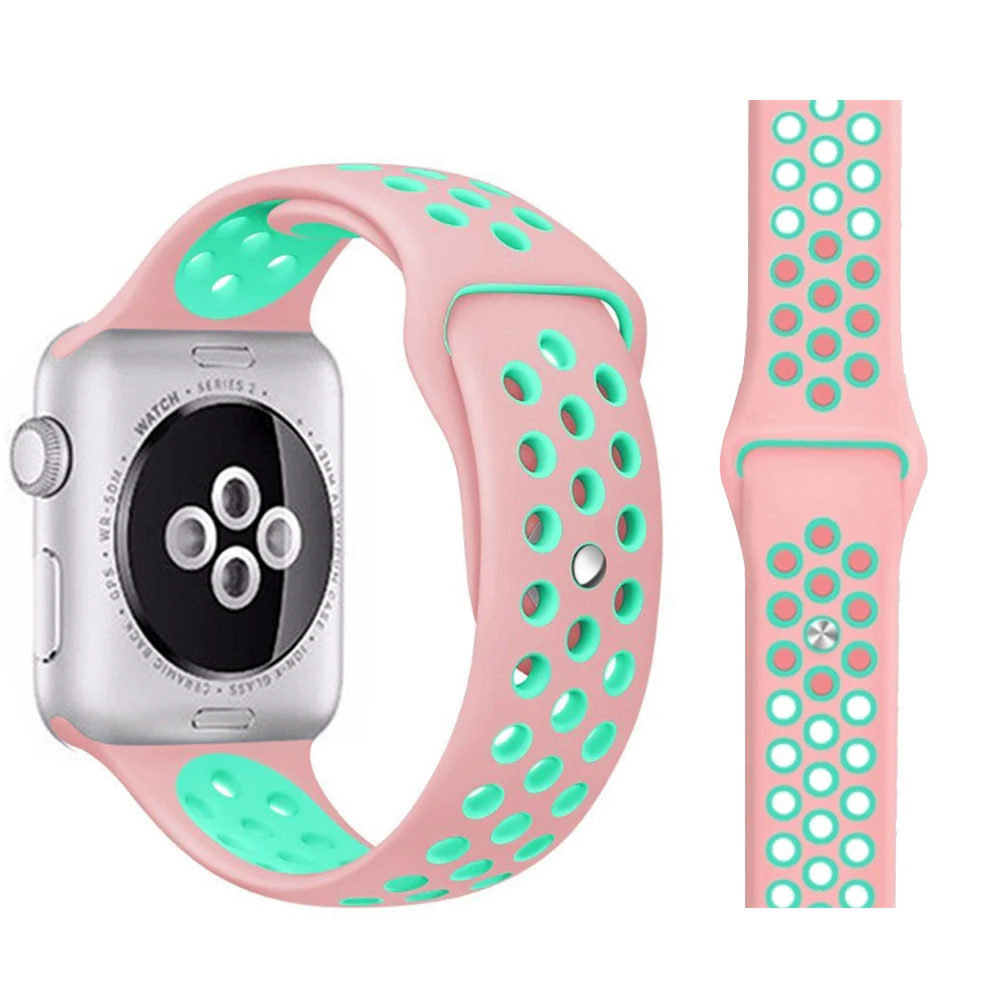 Pink with green Ремешок для Apple Watch, мягкий силиконовый сменный Браслет серии 5, 4, ремешок для часов 44 мм, 40 мм, iwatch, ремешок серии 1, 2, 3, 38 мм, 42 мм - Цвет ремешка: Pink with green