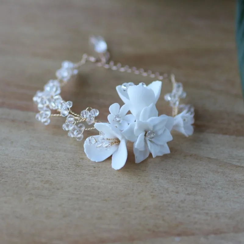 Белый фарфоровый цветочный женский браслет ручной работы свадебный с