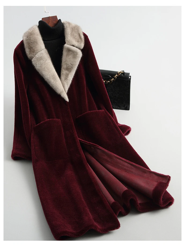 wine red Новинка natuarl, овечья шерсть, пальто для женщин, норковая шуба, настоящая шерстяная куртка с норковым меховым воротником, шерстяное пальто F1207 - Цвет: wine red