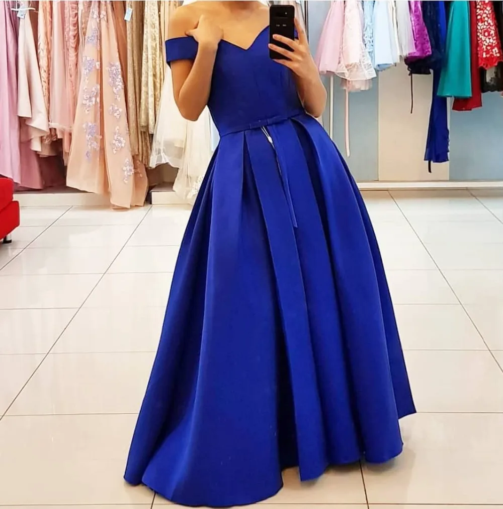 

vestidos de gala corto Sexy A Line Prom Dresses Royal Blue Satin Floor Length Prom Dress Women Party Gowns Vintage 2020