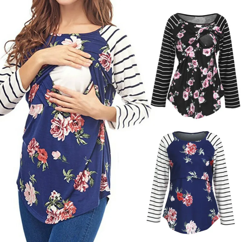 Футболки для беременных женщин осенняя одежда с длинным рукавом полосатые