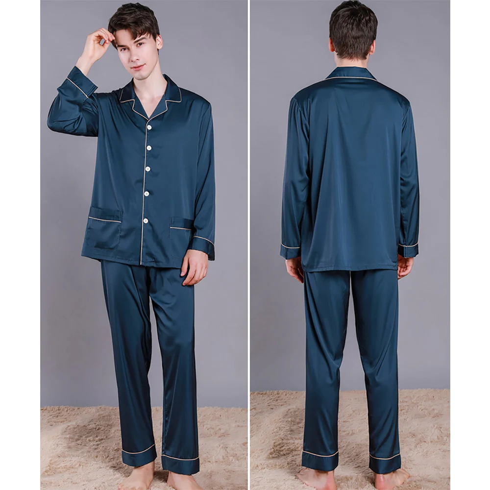 Men Summer Ice Silk Sleepwear Thin Breathable Pajama Sets Noble Solid Color Silk Pajamas Comfort Satin Pajama Male Casual Pijama