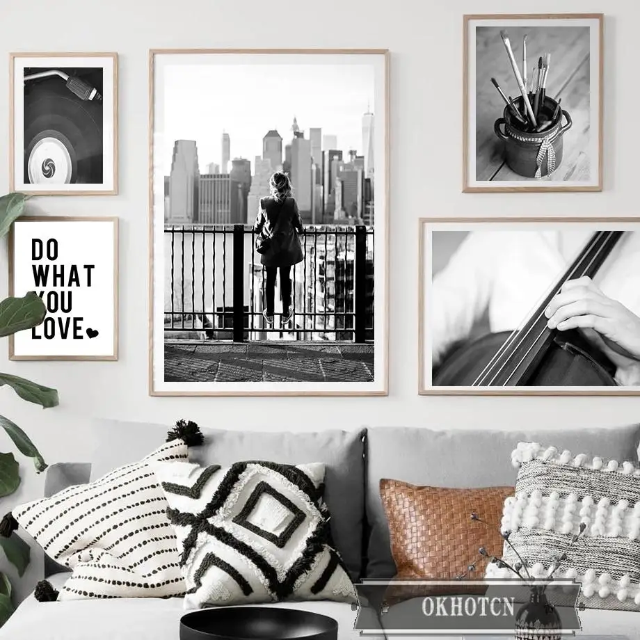 Black and White Vinyl Record Player Cello Cosmetic Brush Poster Girl's Back Do What You Love Quotes Canvas Painting Wall Picture
