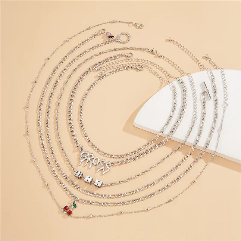 

Silver Color Cross Cherry Pendant Necklace for Women Girl Geometric Multilayer Chain Necklaces Party Jewelry Collares