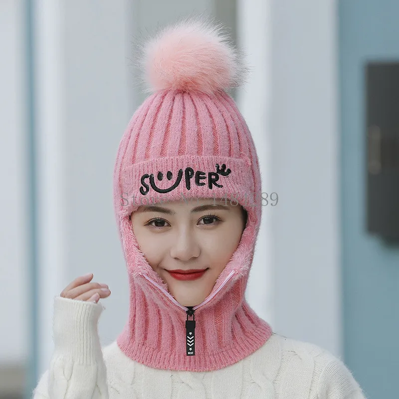 Женские зимние вязаные шапки с меховой подкладкой теплые для женщин на молнии