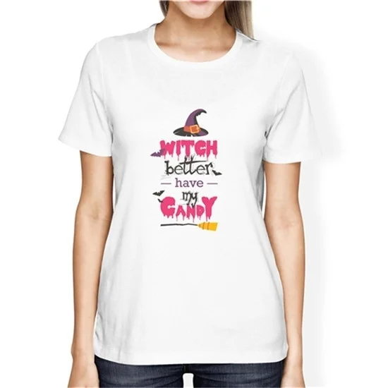 

Witch Candy T-shirt 2017 Hot Sale Short Sleeve Hat and Broom Pattern Print Casual T-Shirt comfortabletshirt Women's Casual Tops