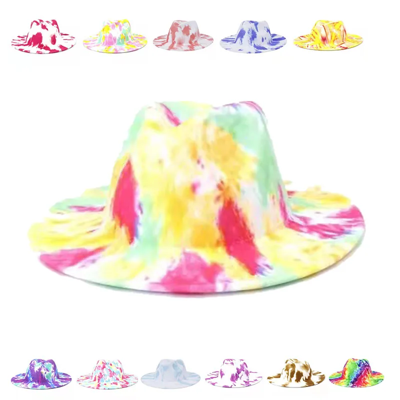 fedora hats women men wide brim tie dye gradient luxury felted hats autumn winter spring multicolor jazz caps casual felted hats