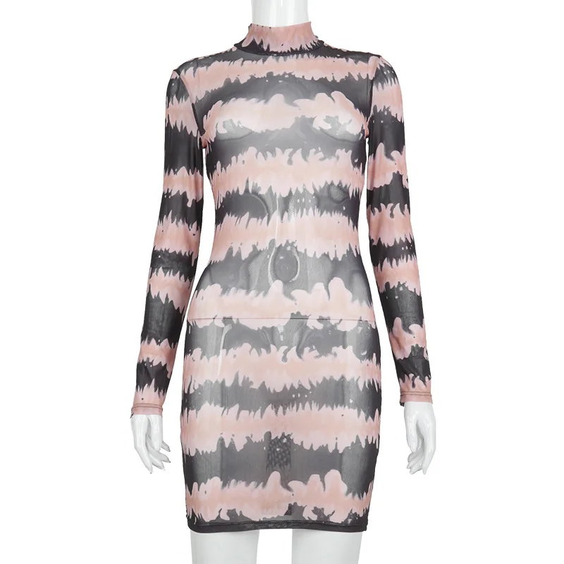 

Oluolin Women Sexy Mesh See Through Print Mini Dress Long Sleeve Bodycon Dress Casual Streetwear Party Clubwear