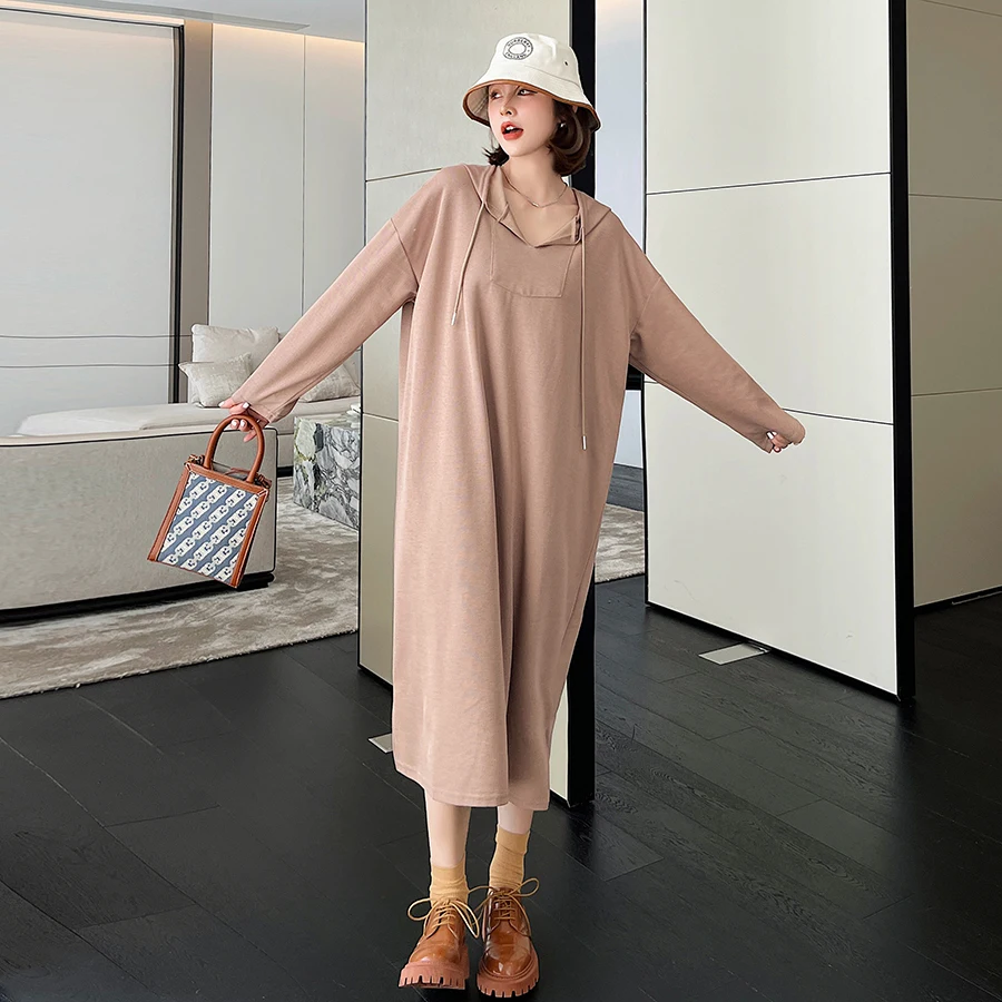 

SuperAen 2021 осень зима нового размера плюс сплошной с капюшоном Полный Свитшот до середины икры повседневное прямое женское платье