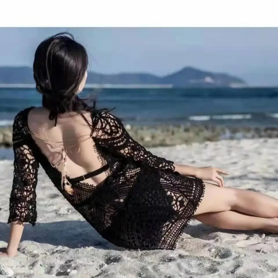 

2021 Summer Women Bikini Cover Ups Beach Coat Swimsuit Lace Beachwear Sun Protection Clothes Knitted Beach Dress Femal Cover-Ups