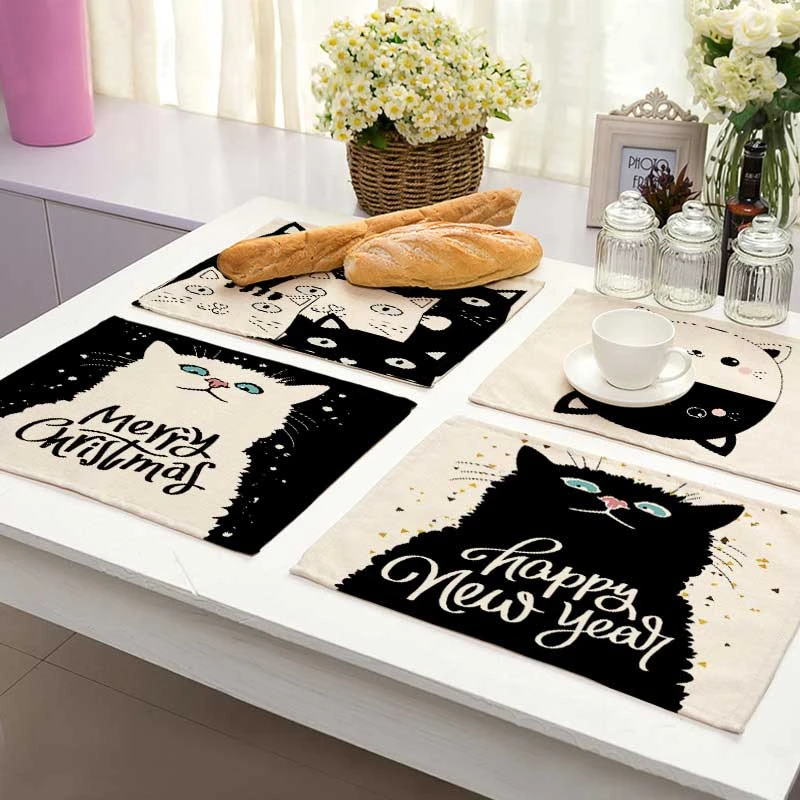 

Bkack White Cat Pattern Cotton Linen Pad Dining Table Mats Coaster Bowl Cup Mat Pattern Kitchen Placemat Home Decor ML0016