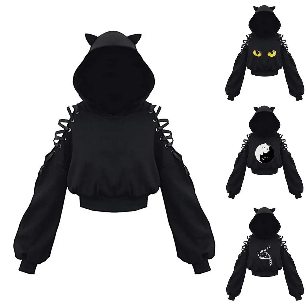 Harajuku Women Summer Top Long Sleeveless Cute Cat Ear Hooded Pullover Lace Up Sweatshirt Hollow Out Lace Up Hoodies Short Top