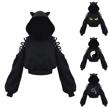 Harajuku Women Summer Top Long Sleeveless Cute Cat Ear Hooded Pullover Lace Up Sweatshirt Hollow Out Lace Up Hoodies Short Top 1