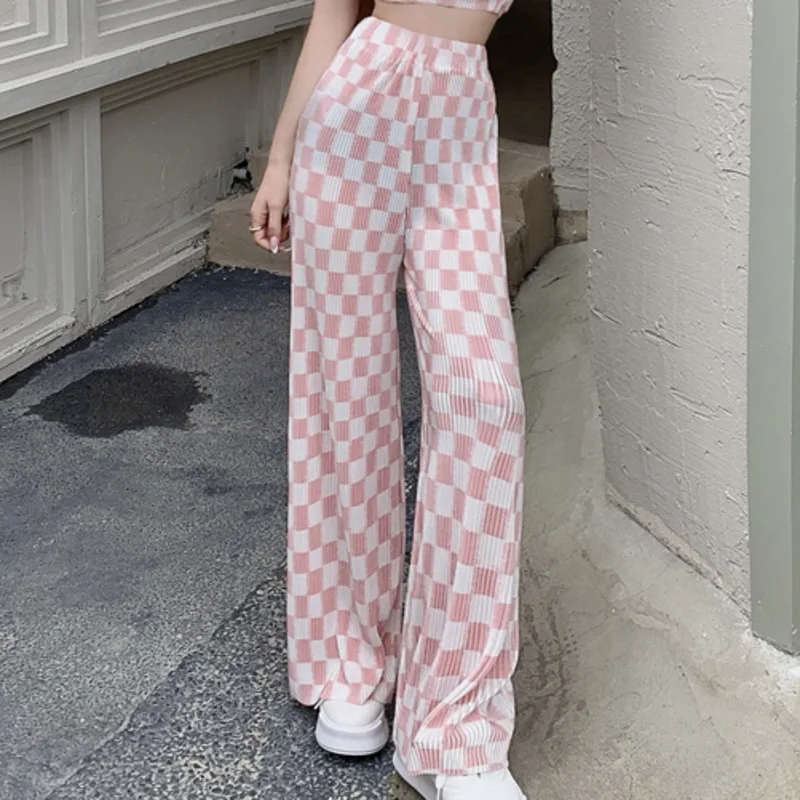 

High Quality Summer Suits Sexy Short Bra Top + Plaid Pleated Wide Leg Pants Casual Two Piece Sets For Women 2021 Ensembles Femme