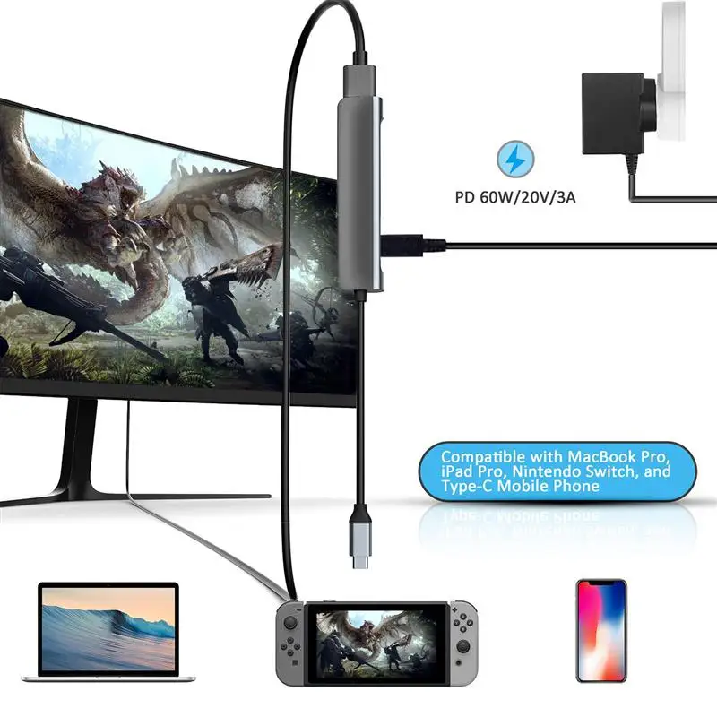 

5 in 1 USB C HUB Adapter 4K@30Hz HDMI USB2.0 USB3.0 60W PD Fast Charging Dock Station Type-C Data for Switch Desktop Laptop